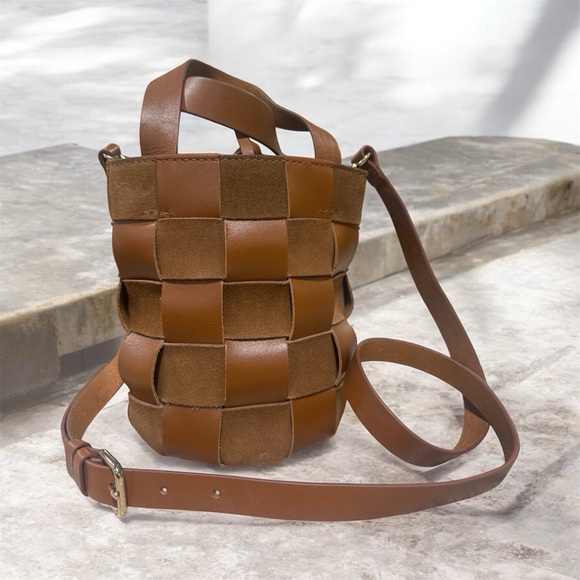J. Crew Handbags - J. Crew Woven Leather and Suede Small Bucket Bag in Burnished Pecan